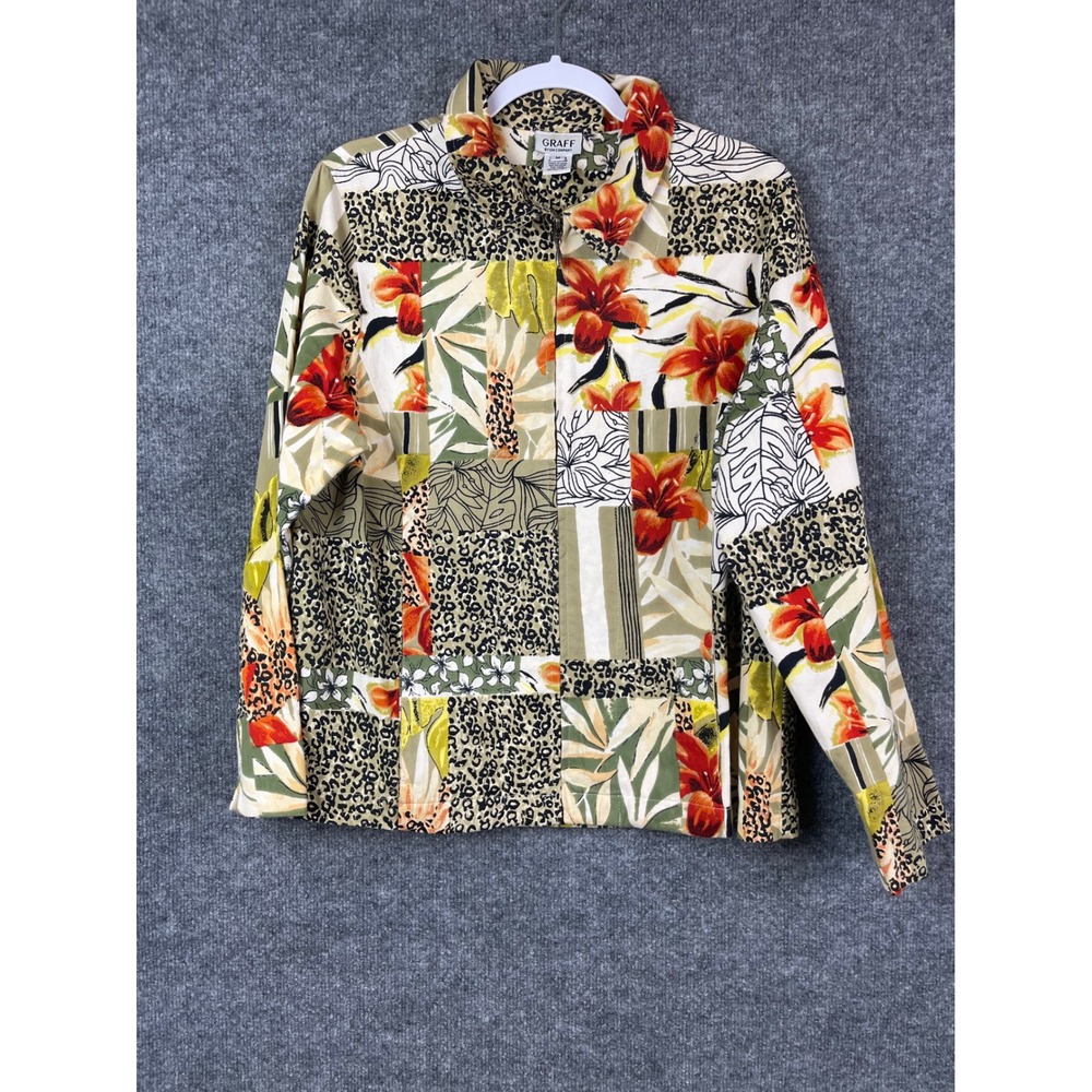 Graff Zip Front Jacket Womens Medium Multi Color Floral Leopard Cotton - Picture 3 of 13